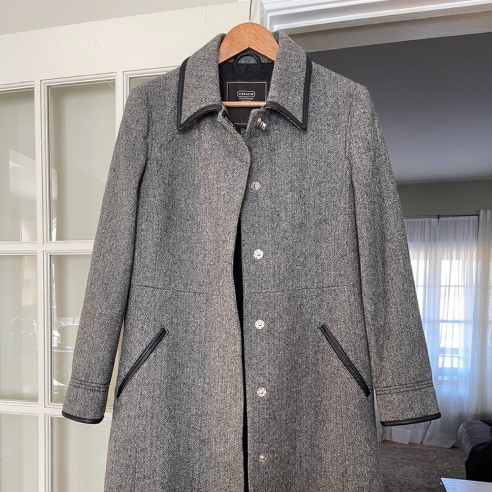 Coach Wool Herringbone Coat Trimmed with Leather
